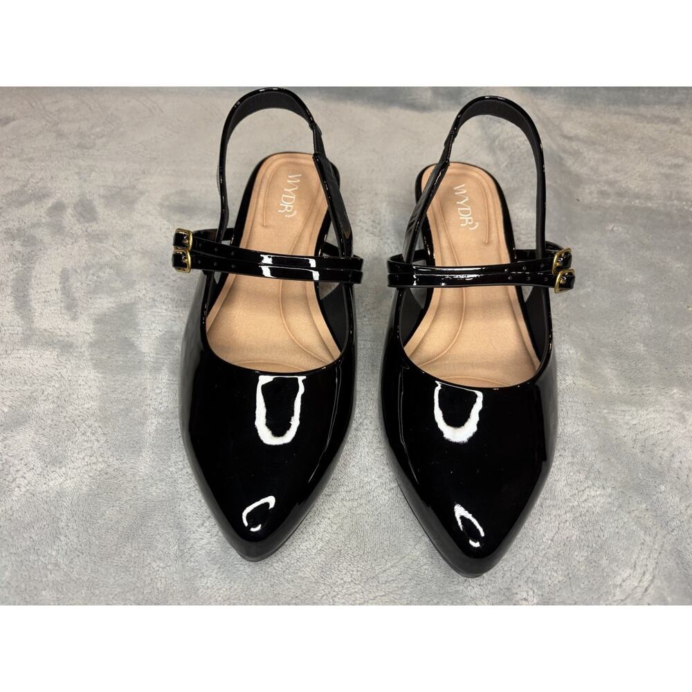 WYDR Studios Aria Double Strap Pointy Toe Mary Jane Slingback Black Patent 9WW - Picture 2 of 8